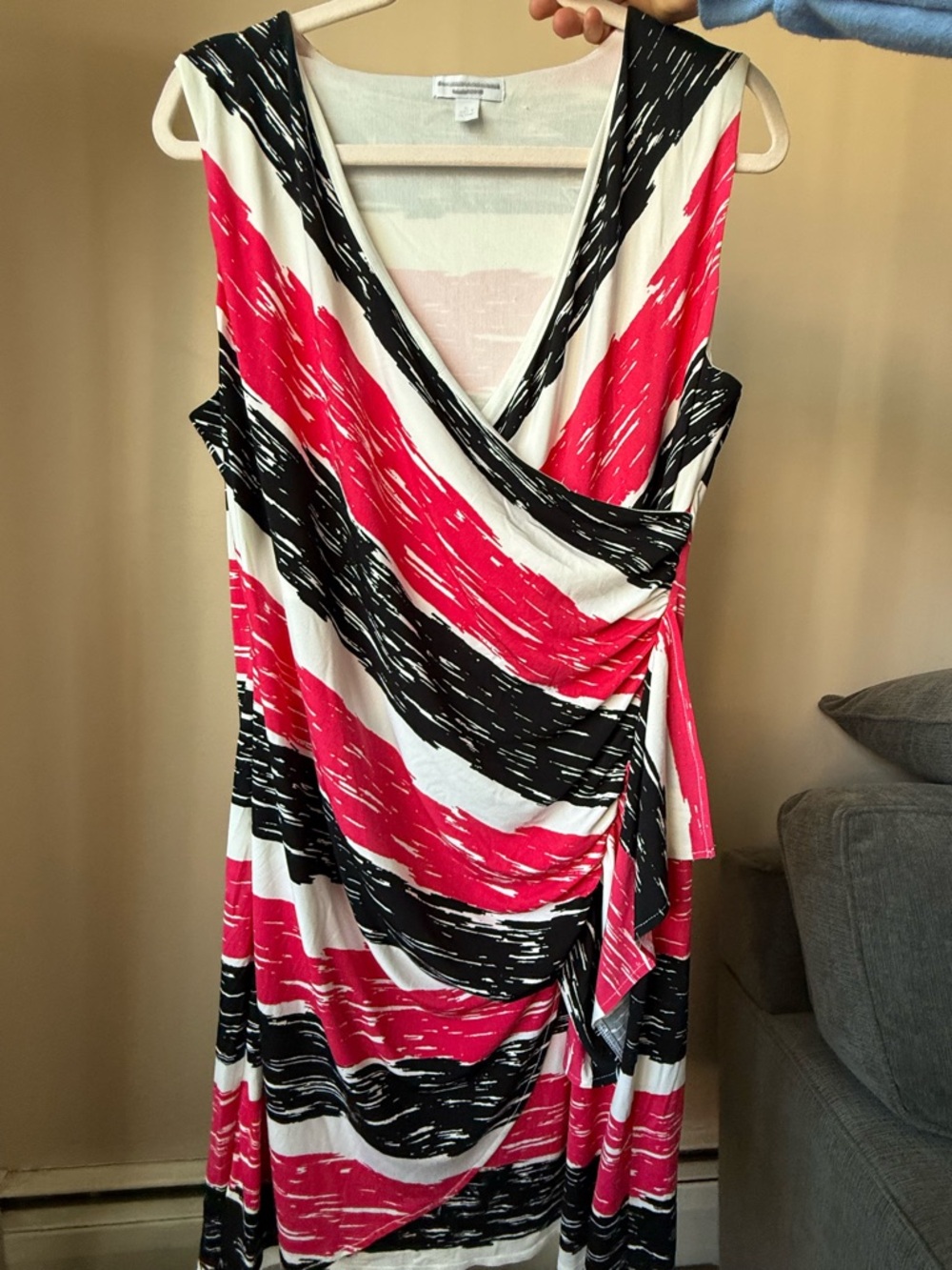 New York & Company Pink Black White Sleeveless Faux-Wrap Midi Dress